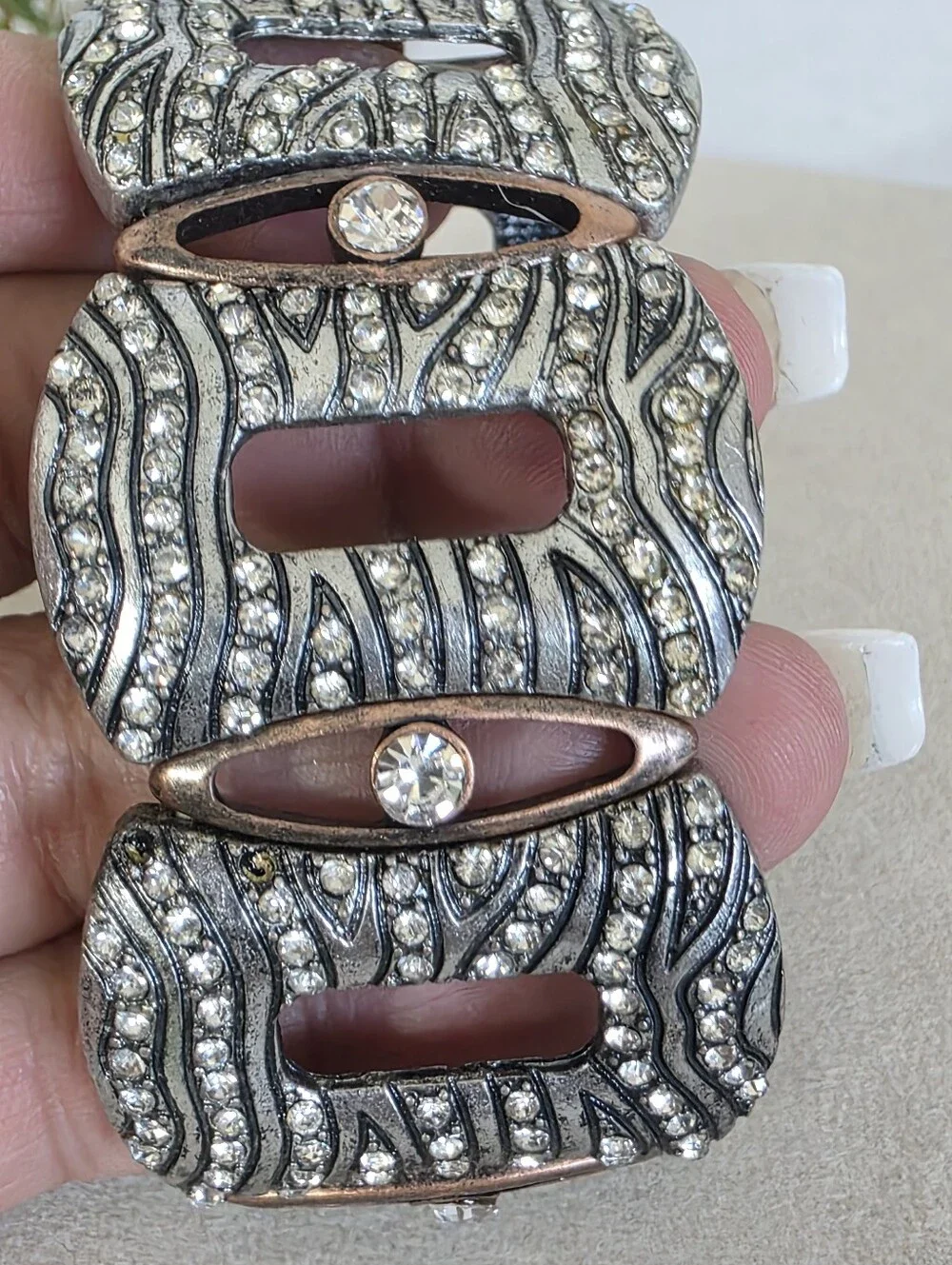 Bold Vintage-Style Rhinestone & Filigree Cutout Statement Stretch Cuff Bracelet